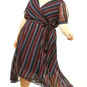 Lane Bryant Dress Midi Fit & Flare Faux Wrap Slit Arm Striped Dress